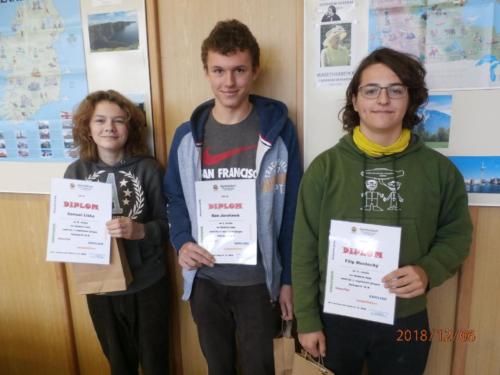 V kategorii II.B školního kola soutěže v AJ (studenti primy a sekundy) se umístili na prvních třech místech: Dan Jarolímek (2.C), Samuel Liška (1.C) a Filip Mostecký (2.C).